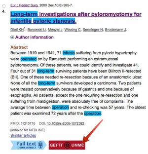 A screenshot of the article abstract with an arrow poiting to the "getIt@UNMC" button.