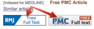 Screenshot of a "free full text" BMJ button and a "PMC free full text" butto.
