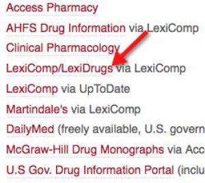 A screenshot of the "drug resources" page. An arrow points to the "LexiComp/LexiDrugs vis LexiComp" link.