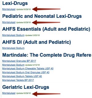 A screenshot with arrows pointing to the titles of the monographs in the three LexiDrug monograph sets.