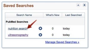 A screenshot of the 'Saved Searches" box with an arrow pointing to the link to the saved "nutrition search"