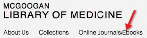 A screenshot showing an arrow pointing to the "Online Journals/Ebooks" link above the picture on the library homepage.
