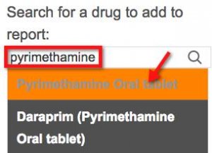 A screenshot showing selection of the "pyrimethamin oral tablet" option.