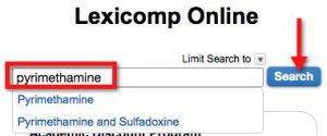 A screenshot of the LexiComp search page. The term -- pyrimethamine -- has been entered in the search box. An arrow points to the "Search" button.