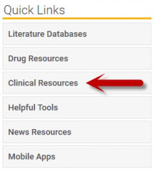 screenshot of McGoogan Library homepage with arrow pointing to Clinical Resources link