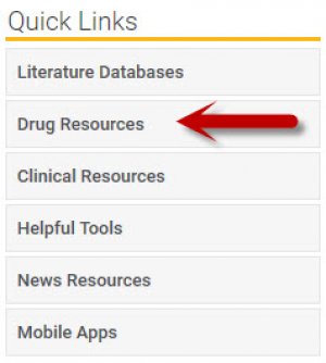 screenshot of McGoogan Library homepage with arrow pointing to Drug Resources link