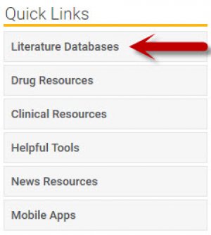 screenshot of McGoogan Library homepage with arrow pointing to Literature Databases link