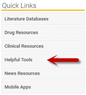 A screenshot of the buttons on the right-hand side of the McGoogan Library homepage. An arrow points to the "Helpful Tools" button.