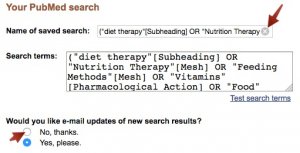 Screenshot of showing an arrow pointing to the "x" at the end of the "Name of saved search" box and an arrow pointing to the "no thanks" option.
