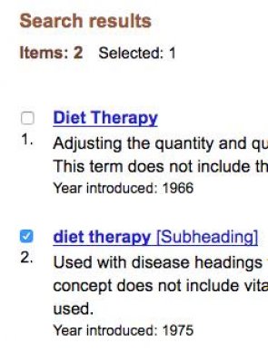 A screenshot showing selection of the 2nd result, the "diet therapy" subheading.