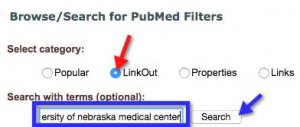 A screenshot showing selection of the "LinkOut" option and a search for -- University of Nebraska Medical Center