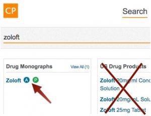 A screenshot of the search results for "Zoloft". An arrow points to the "A" and "P" buttons. The "US Drug Prodcuts" results are crossed out.